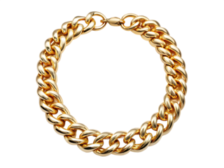  Elegant golden chain necklace jewelry isolated on white with shiny metal texture.