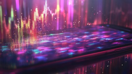Futuristic mobile phone display with vibrant data visualization