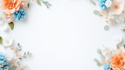 A delicate arrangement of pastel flowers with soft peach and blue hues, set against a clean white background, and elegant floral composition.