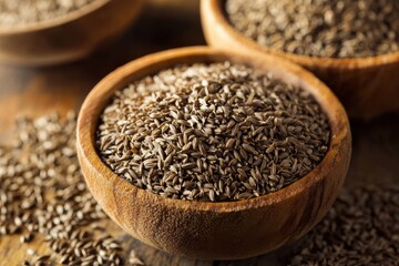 Authentic caraway seeds displayed in wooden bowls highlighting texture and natural colors in home kitchen
