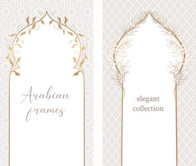 Oriental elegant frame templates. Arabian wedding invitation, cards. Arabic, moroccan arch ornament. Arabic border