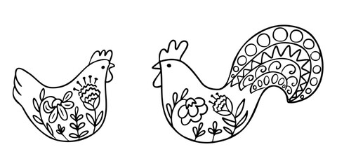 Decorative black and white folk-style rooster and hen with floral and ornamental patterns. Symbolizes rustic charm, farm life and traditional craftsmanship in a whimsical outline design
