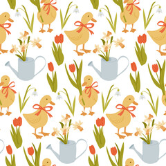 Seamless spring pattern with cute ducks in red bows, tulips, daffodils, snowdrops and watering cans. Represents seasonal joy, gardening and Easter charm in a playful and cheerful design