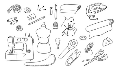 Hand drawn set of sewing tools and accessories including machine, scissors, pins, thread and mannequin. Represents tailoring, DIY fashion and creative crafting in playful black and white doodle style