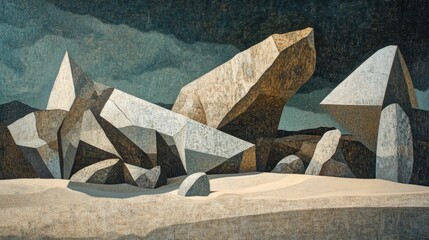 Abstract landscape painting of large geometric rocks on a sandy surface under dark sky.