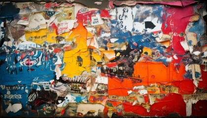 A vibrant, high-energy urban street art background with layered torn posters, graffiti painting