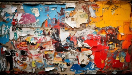 Fototapeta premium A vibrant, high-energy urban street art background with layered torn posters, graffiti painting