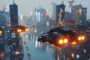 Futuristic hovercrafts navigate through a neon-lit city at night in a sci-fi setting