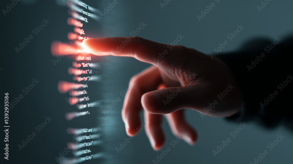 Poster a hand interacting with a digital interface displaying code in a dimly lit environment with red high