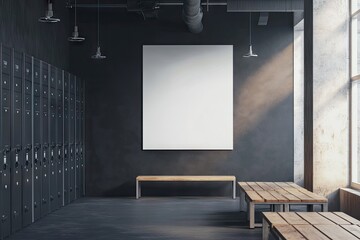 Industrial locker room with blank poster