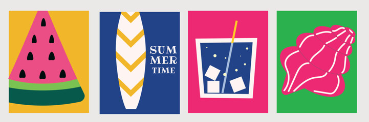 Summer time card set. Banner colorful for vacation design. Surf board,drink,seashell, watermelon,. Vector illustration