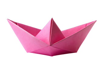Pink paper boat folded by hand, isolated on white for craft, child play, or imagination themes.