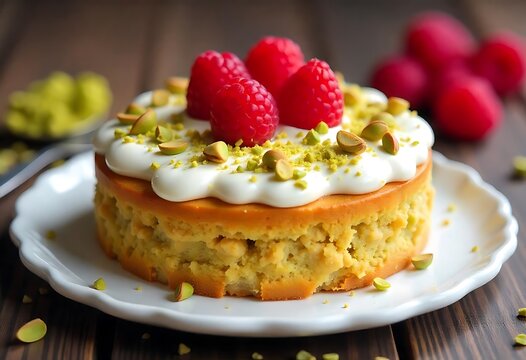 Delicious cake with pistachio and raspberries
