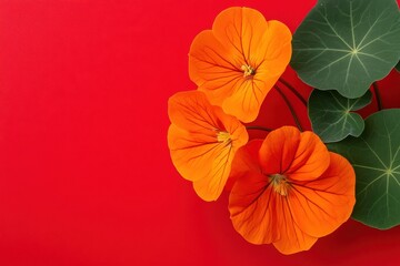 Obraz premium Bright orange nasturtium flowers arranged against a vibrant red background showcasing their rich colors and textures