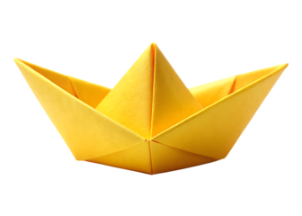 Bright yellow handmade paper boat, isolated on white for fun, kid-friendly, or travel visuals.