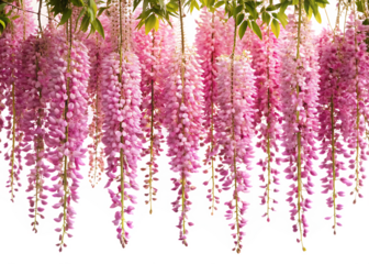  Cascading pink wisteria flowers hanging gracefully isolated on white background.