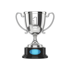 Silver trophy: A detailed shot of a glistening silver trophy, showcasing its elegant design, a number '1', and a dark base in a studio-style setting.