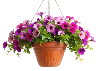 Hanging pot filled with blooming petunias isolated on a clean white background.