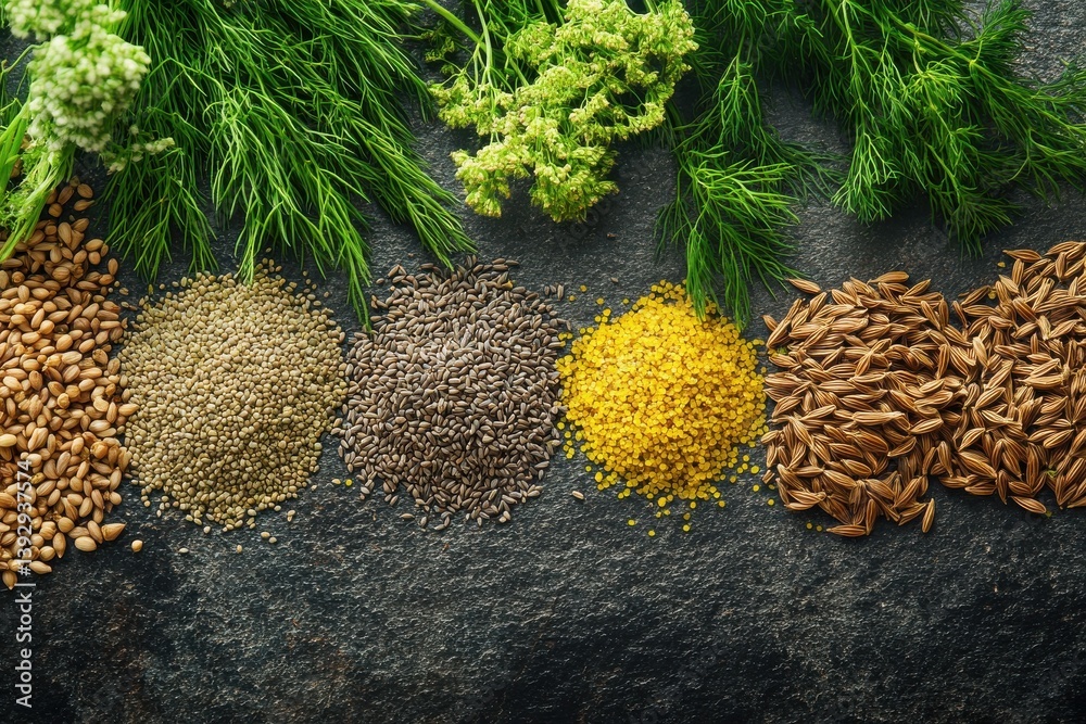 Poster variety of spices arranged in colorful rows on dark slate surface showcasing culinary diversity and 