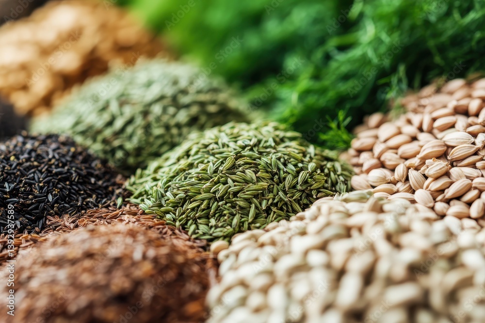 Poster vibrant assortment of spices and seeds displayed in a market setting highlighting natural textures a