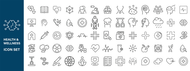 Set of  Medical and Healthcare web icons in line style. Medicine, check up, doctor, dentistry, pharmacy, lab, scientific discovery, collection. Vector illustration.