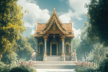 Fototapeta premium Ornate thai temple surrounded by lush greenery during a bright sunny day