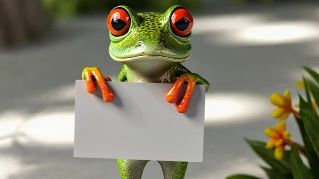 Charming Green Frog Holding a Blank Sign in a Lush Natural Setting with Vibrant Flowers