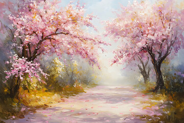 Fototapeta premium Serene Pathway Surrounded by Blooming Cherry Blossom Trees in Soft Morning Light
