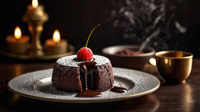 Indulgent chocolate lava cake in classy setting perfect stock for dessert menu.