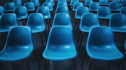 Fototapeta premium Rows of empty blue plastic chairs create a stark, symmetrical pattern on a dark floor. A sense of anticipation or abandonment is evoked