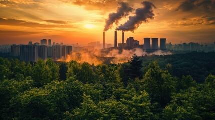 Obraz premium Contrasting landscape, nature against industry with an urban horizon at sunset