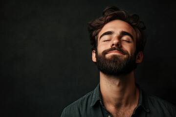 Obraz premium Portrait of a handsome man with a beard, looking up with closed eyes and a smile, against a dark grey background.