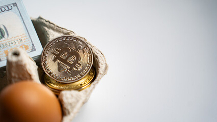 Close-up of Bitcoin and eggs symbolizing political tension, economic fragility, and cryptocurrency trends in the United States. Conceptual image related to current political events.