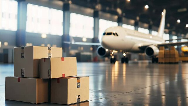 Stack of product boxes for global shipping and logistics with blurred airplane on background	