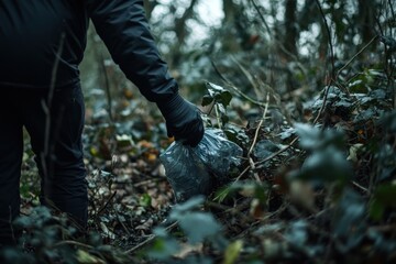 Person cleaning up litter in a wooded area during overcast weather