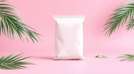 A white packaging pouch displayed with tropical green palm leaves