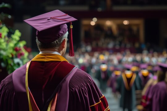 Graduation ceremony showcasing students in caps and gowns with a focus on the speaker in academic dress amid celebration and pride