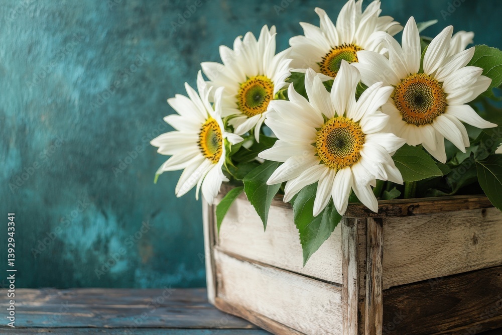 Poster bright sunflowers in a rustic wooden box against a vibrant turquoise backdrop create a cheerful summ