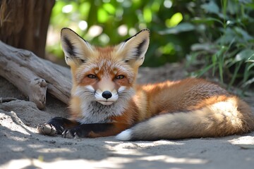 A beautiful red fox resting peacefully in the sunlight outdoors
