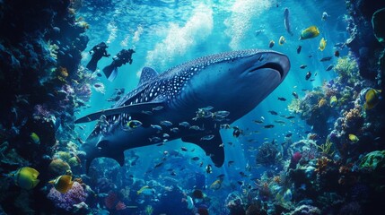 Fototapeta premium Majestic Whale Shark in Vibrant Coral Reef Ecosystem