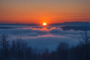 A Vibrant Sunset Illuminates the Clouds Over the Mountain Range