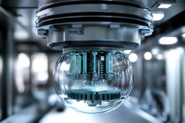 Advanced technology showcases a transparent spherical device in a modern laboratory