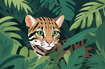 Ocelot hiding stealthily behind leaves in lush jungle environment