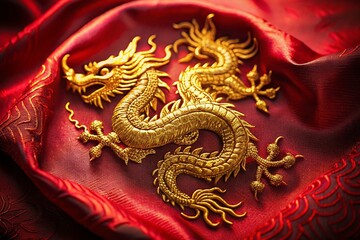 Exquisite Gold Embroidered Chinese Dragon Insignia Patch on Rich Red Silk A Symbol of Power and Tradition
