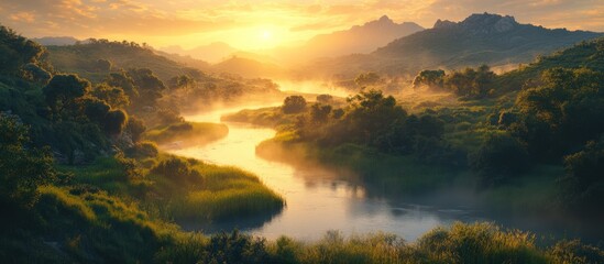 Obraz premium Sunrise over misty river valley, tranquil landscape