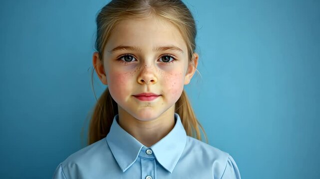 a 6 year old schoolgirl wearing a long sleeve button down blue shirt, She has shoulder-length blonde hair tied back in a neat hight ponytail.