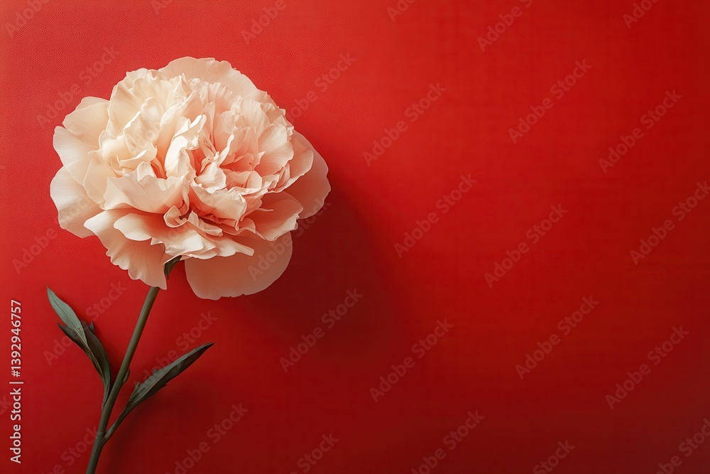 Aufkleber beautiful peony flower in soft peach color against a vibrant red background