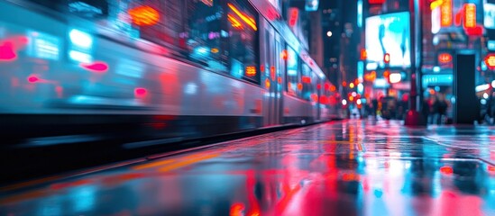 Night city tram, rain reflections, blurred motion