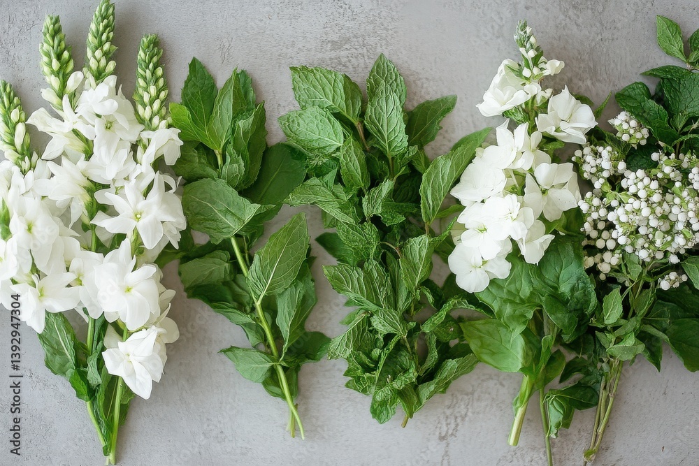 Poster fresh herbs and white flowers arranged neatly on a grey surface for culinary and decorative use