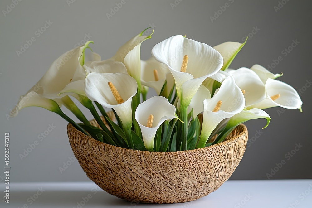 Aufkleber elegant white calla lilies arranged in a natural woven basket on a minimalistic background in soft l